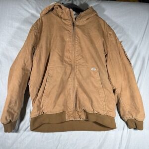 Lee Workwear Sherpa Lined‎ Hooded Jacket Brown Canvas Zip Up Men's XL Distressed
